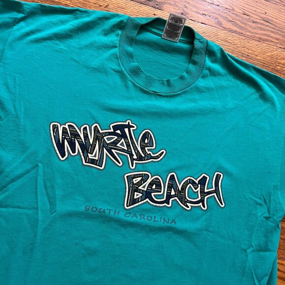 Vtg Myrtle Beach SC Teal Embroidered Graffiti Fruit Of The Loom Best T Shirt XL - Picture 2 of 5